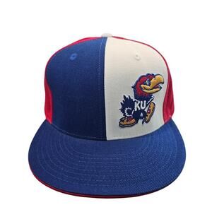 Vintage Kansas University Fitted Hat Cap 90s Blue Red Panel NCAA One Size TOW